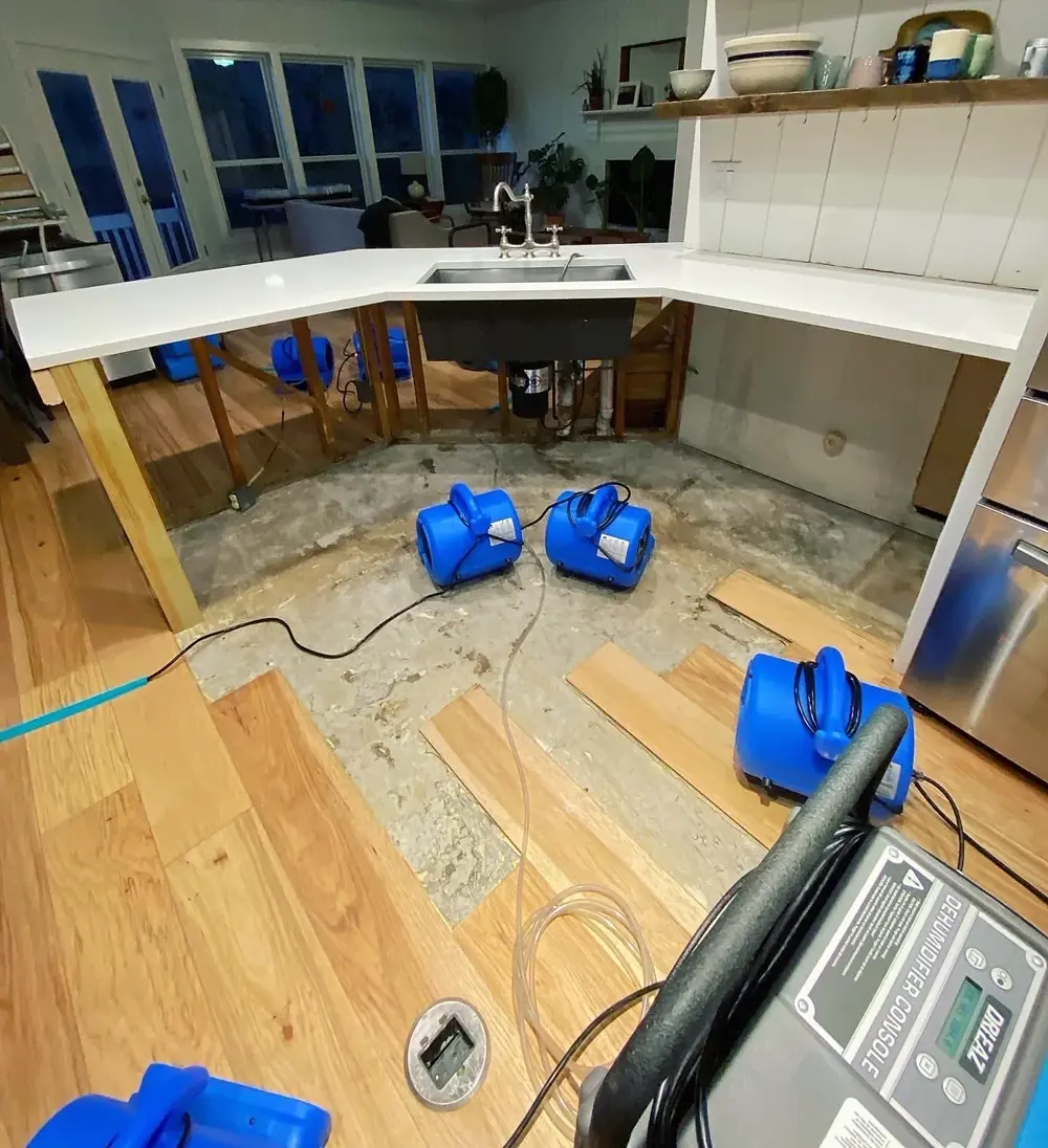 Kitchen water mitigation — sink cabinet removed, subfloor drying