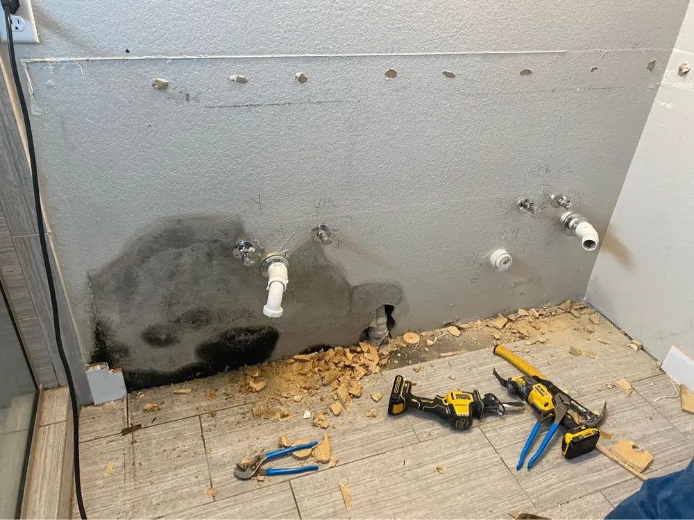 Black mold discovered inside a shower valve wall