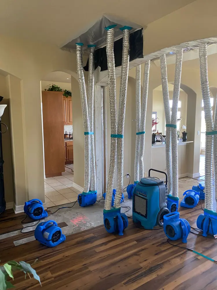 Ducted air movers drying a living room ceiling under negative pressure