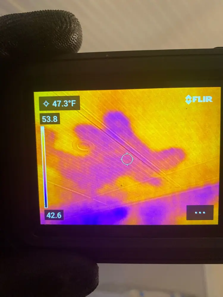 FLIR thermal image revealing hidden moisture in a ceiling