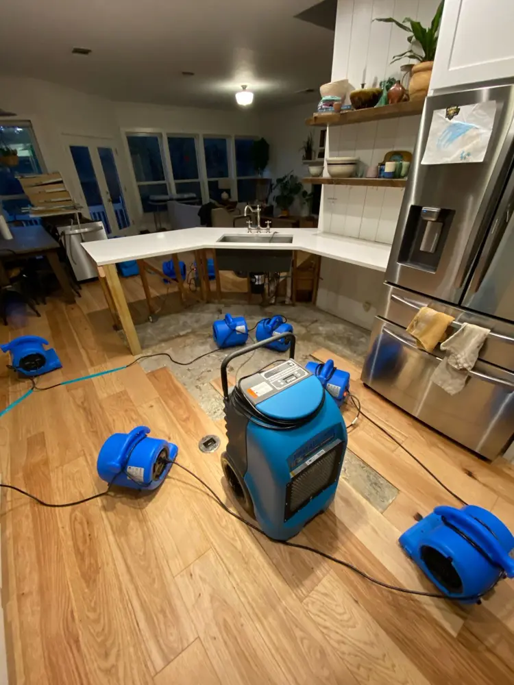 Dehumidifier and air movers saving a hardwood kitchen floor
