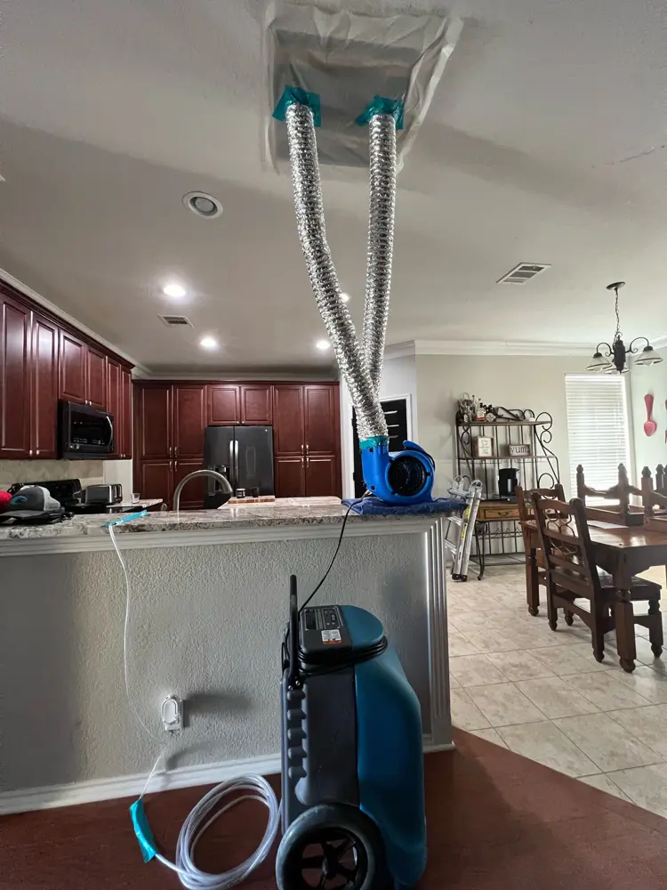 Drying equipment staged in a kitchen after a water loss
