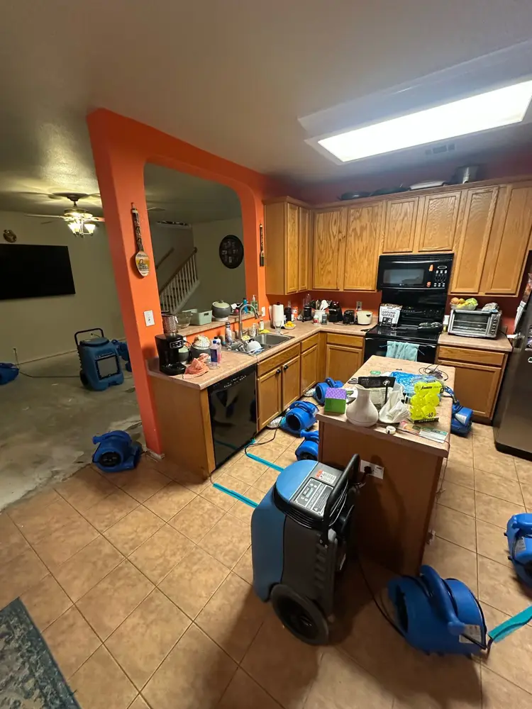Air movers and dehumidifier drying a hardwood kitchen